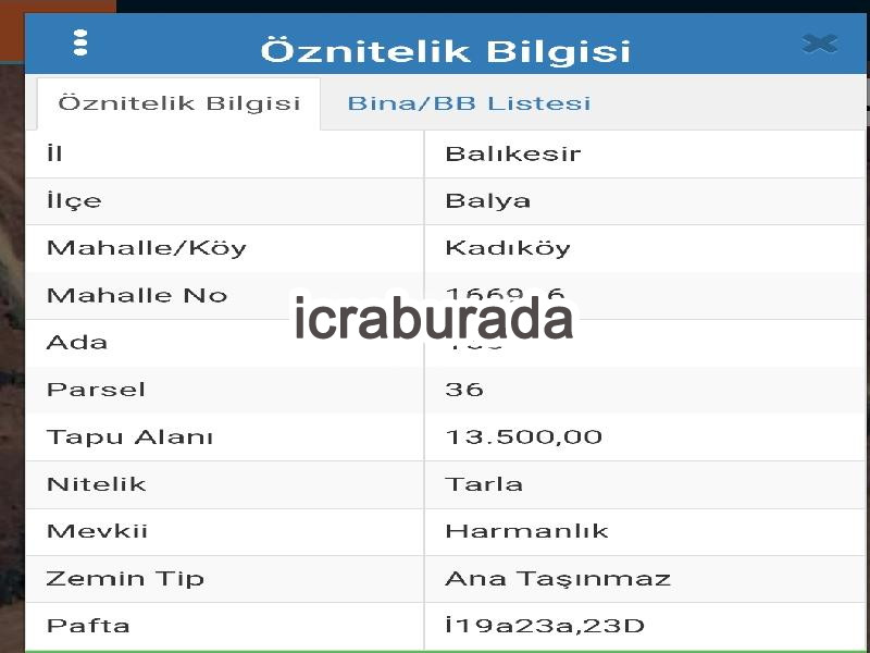 icralık  m2 Tarla Balıkesir Balya Kadiköy