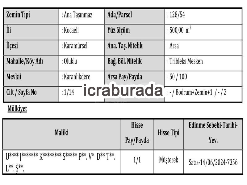 icralık 2 m2 Daire Kocaeli Karamürsel Oluklu